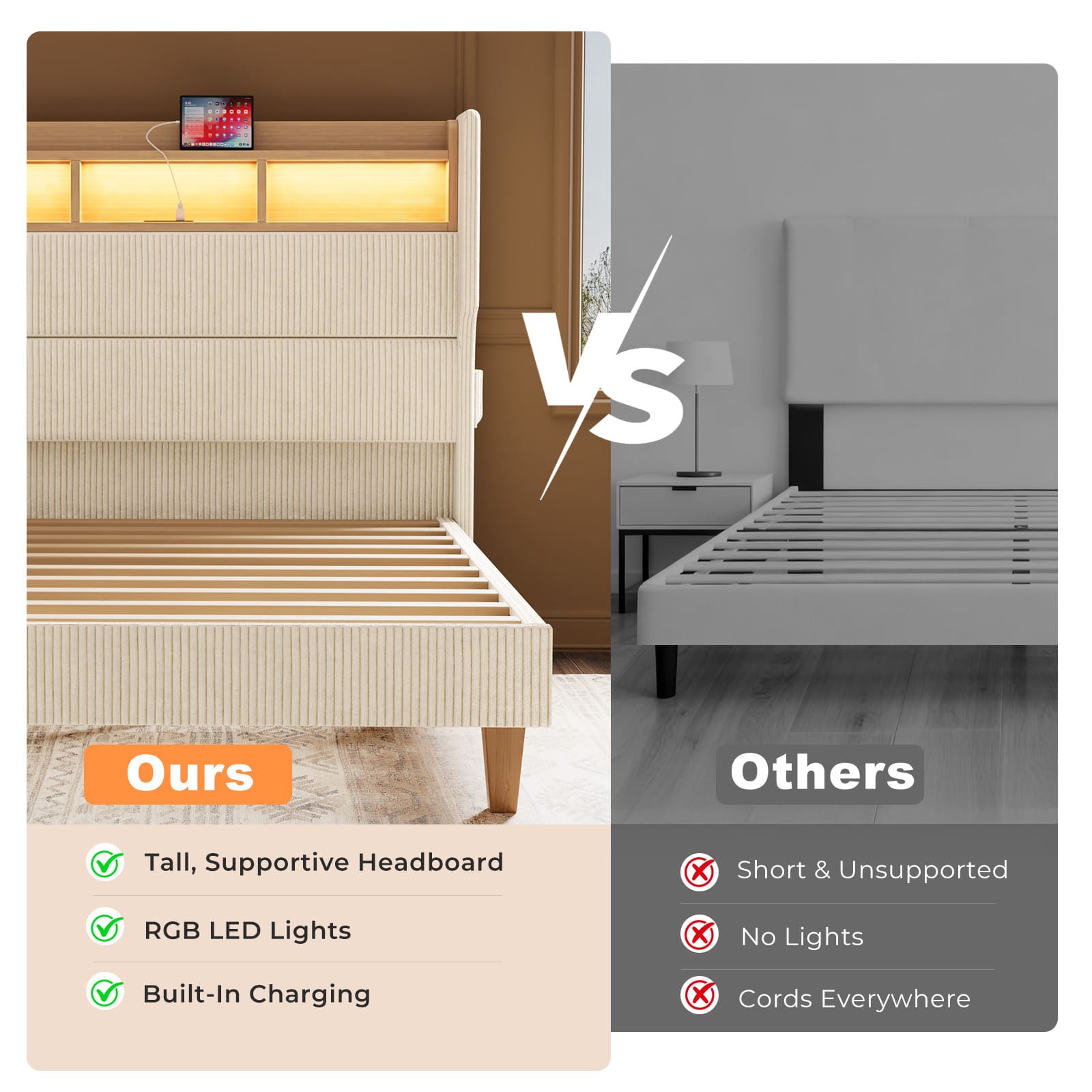 LED Light Headboard with Storage Shelves