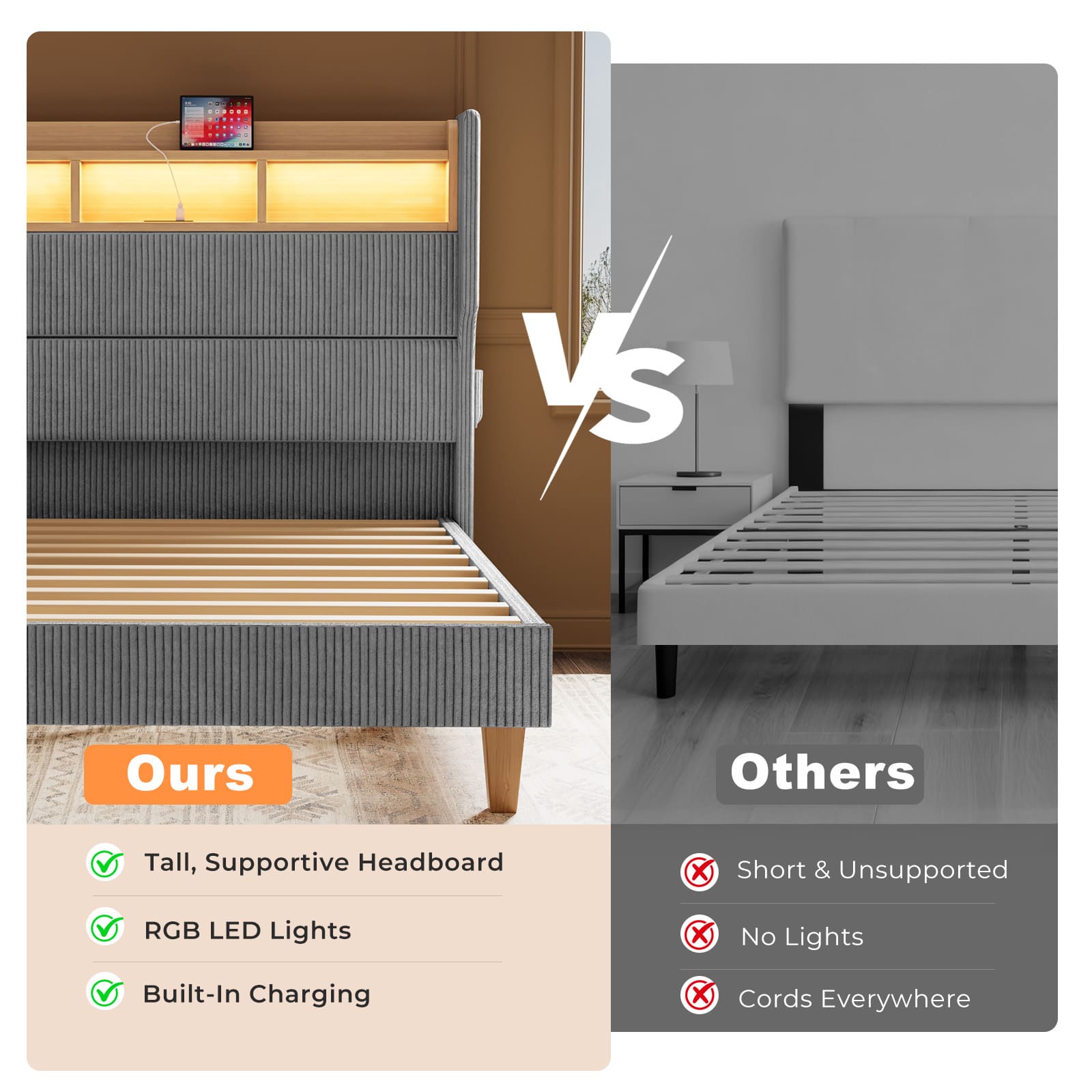 LED Light Headboard with Storage Shelves