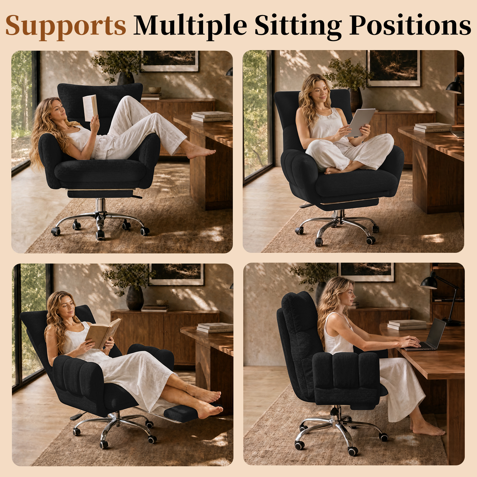 HOMRELEXA Cross Legged Office Chair, Cloud Desk Chair with Flip-Up Arm Rests, Foot rest, Wide Seat, Comfy Executive Ergonomic Computer Gaming Chair, Black
