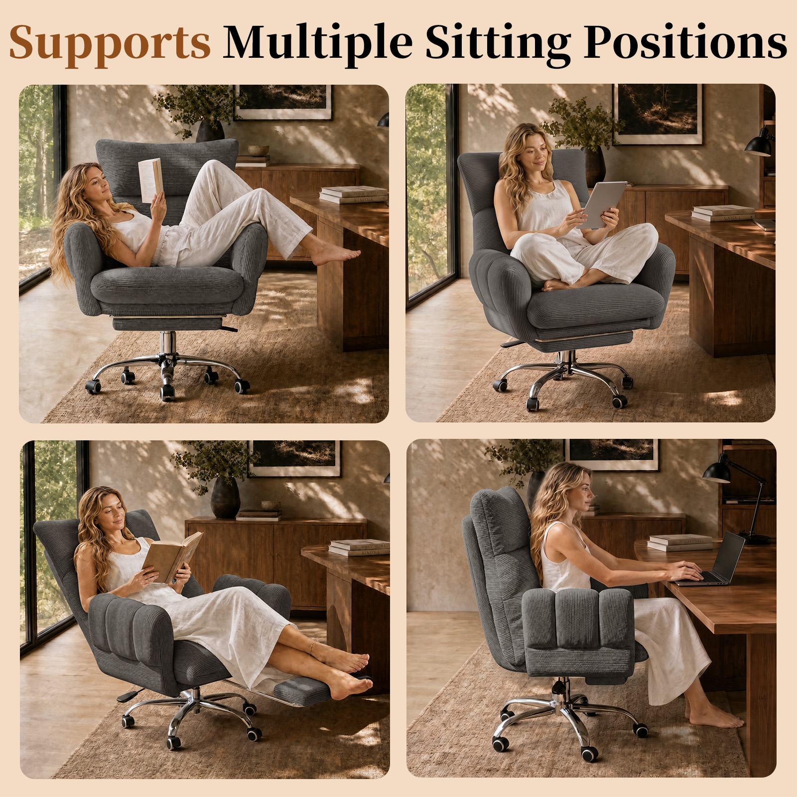 HOMRELEXA Cross Legged Office Chair, Cloud Desk Chair with Flip-Up Arm Rests, Foot rest, Wide Seat, Comfy Executive Ergonomic Computer Gaming Chair, Black