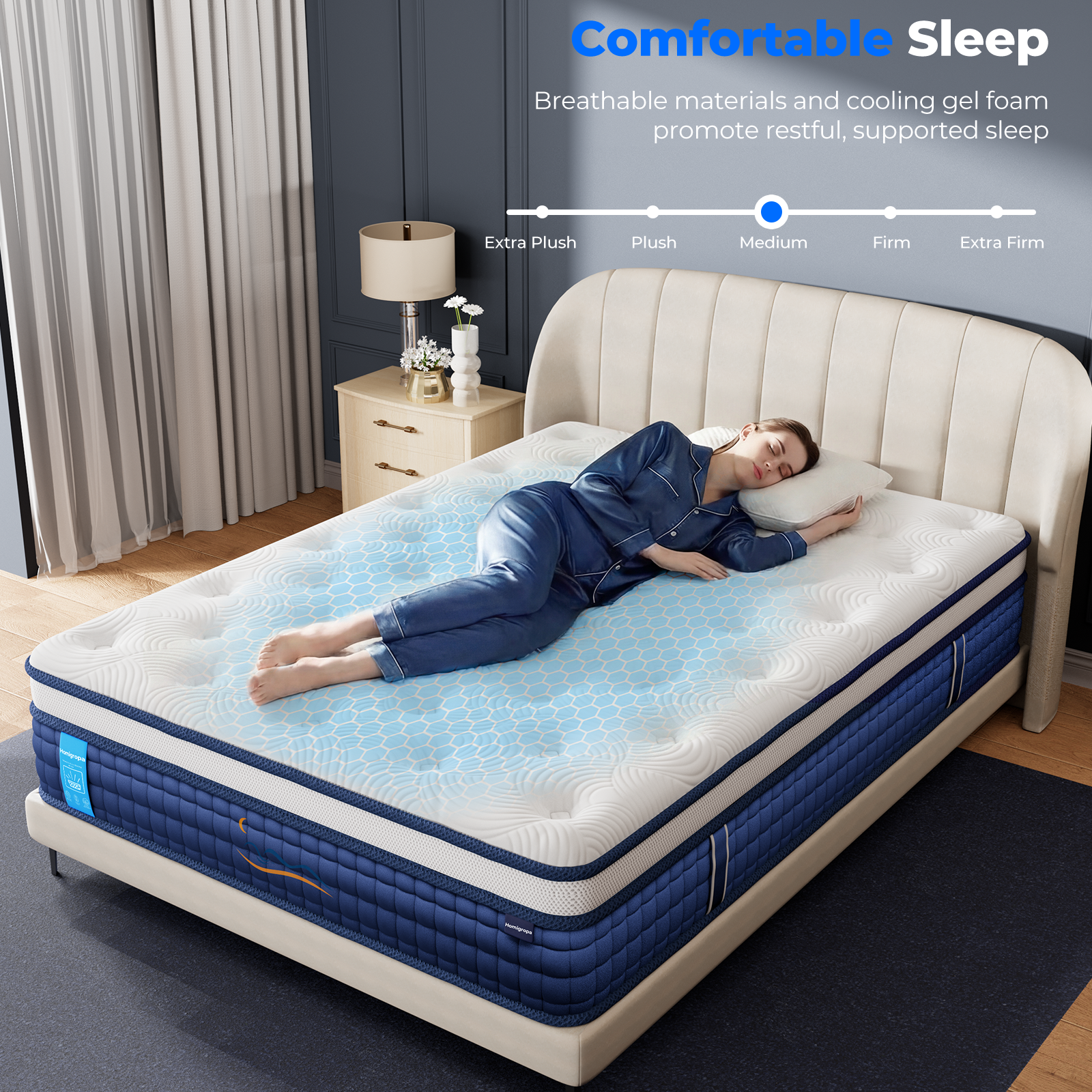 HOMiGroPa Mattress, Medium, Hybrid Mattress,Medium Support, Individually Pocketed Coils, Zoned Support & Motion Isolation, CertiPUR-US Certified