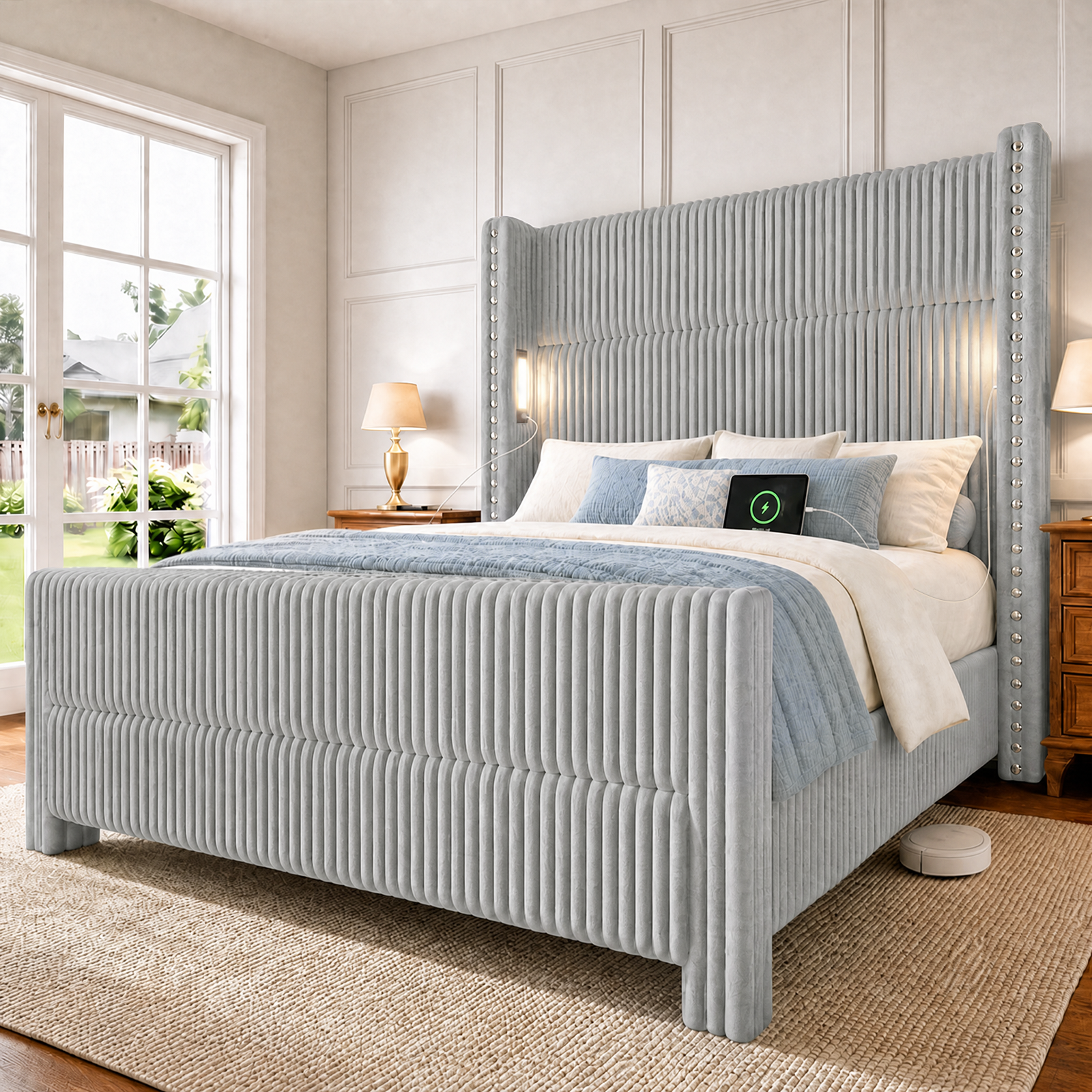 Bed Frame with 56.7" Tall Upholstered Wingback Headboard & Lights