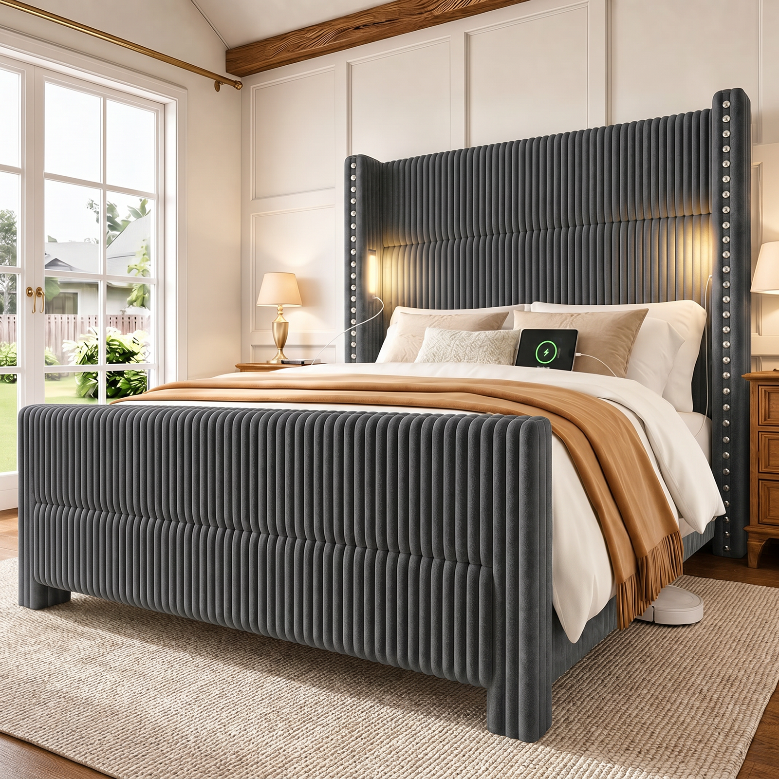 Bed Frame with 56.7" Tall Upholstered Wingback Headboard & Lights