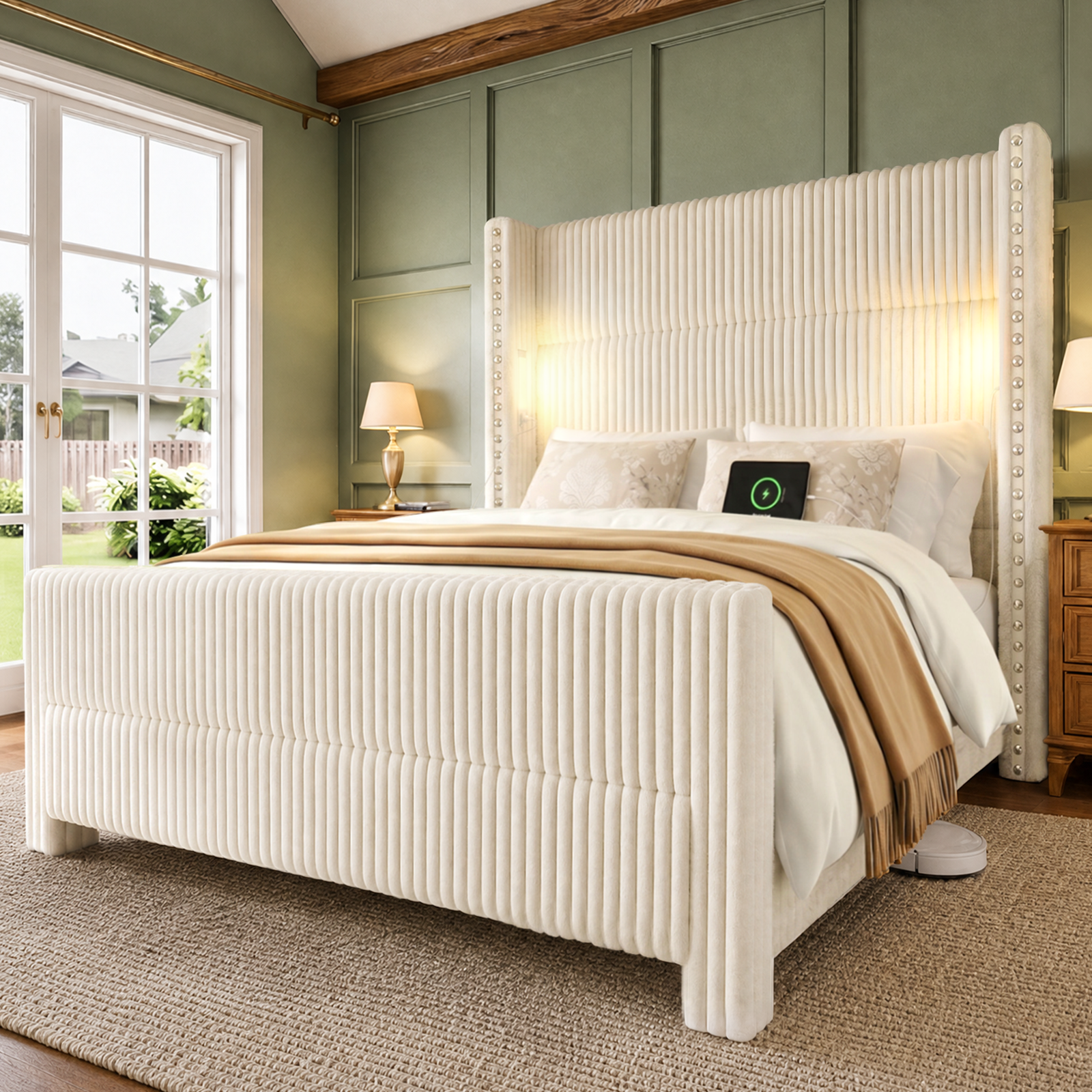 Bed Frame with 56.7" Tall Upholstered Wingback Headboard & Lights