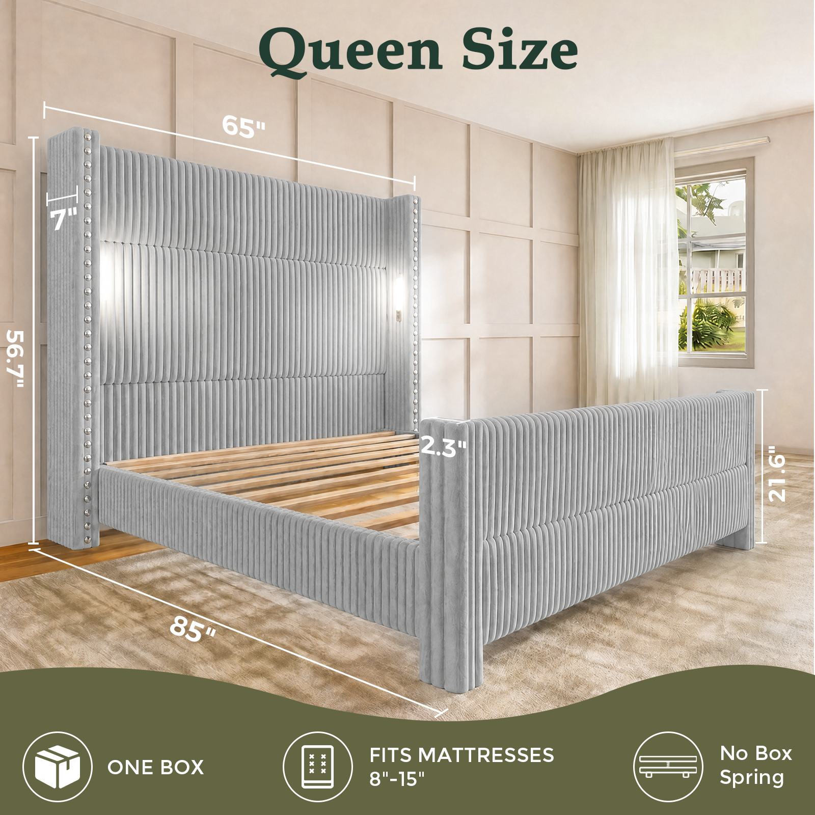 Bed Frame with 56.7" Tall Upholstered Wingback Headboard & Lights