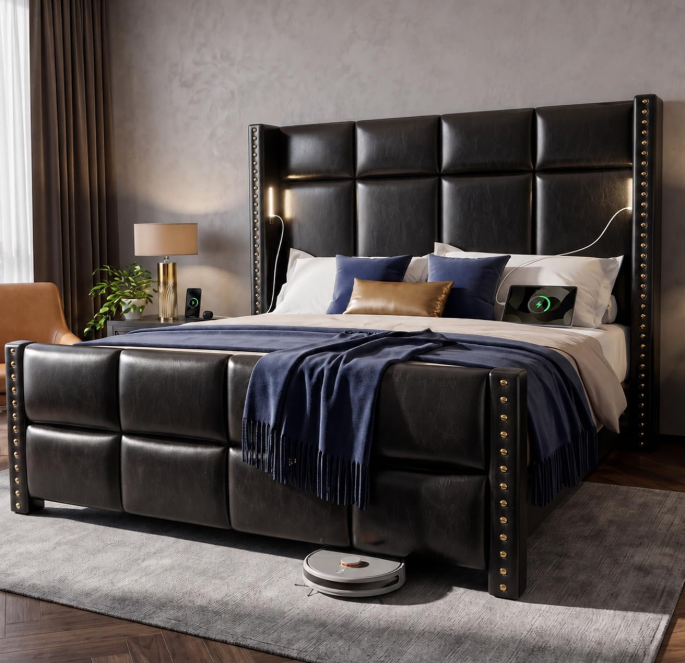 Bed Frame with 56.7" Tall Wingback Headboard & Reading Lights, Upholstered Platform Bed and Charging Station, Modern Luxury Design, Noise Free, Leather Black
