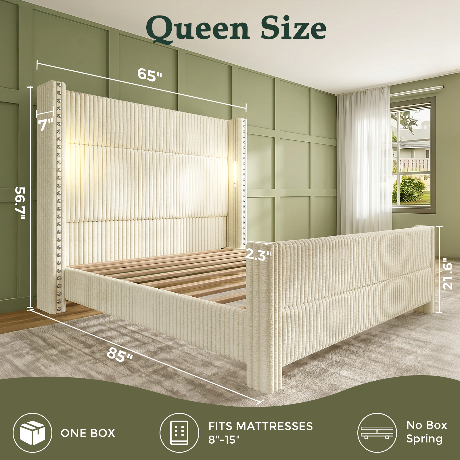Bed Frame with 56.7" Tall Upholstered Wingback Headboard & Lights