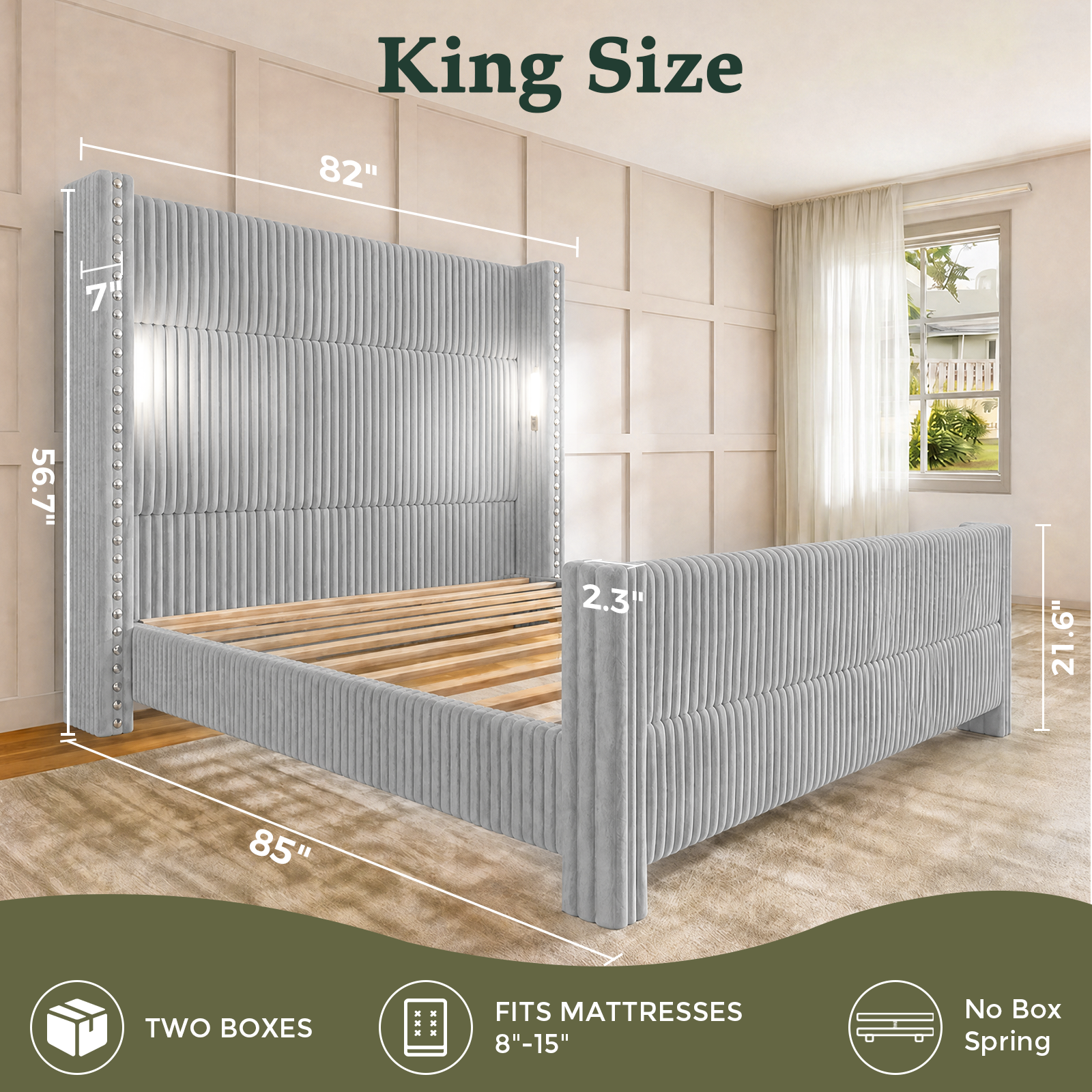Bed Frame with 56.7" Tall Upholstered Wingback Headboard & Lights