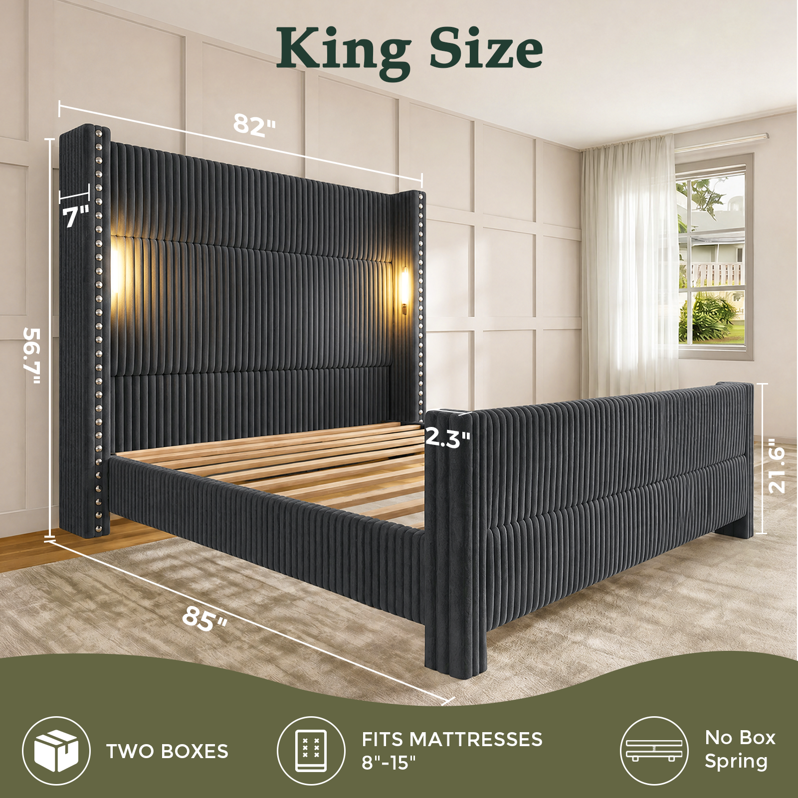 Bed Frame with 56.7" Tall Upholstered Wingback Headboard & Lights