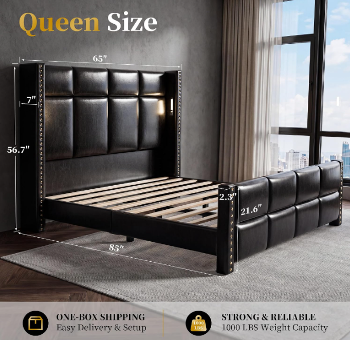 Bed Frame with 56.7" Tall Wingback Headboard & Reading Lights, Upholstered Platform Bed and Charging Station, Modern Luxury Design, Noise Free, Leather Black
