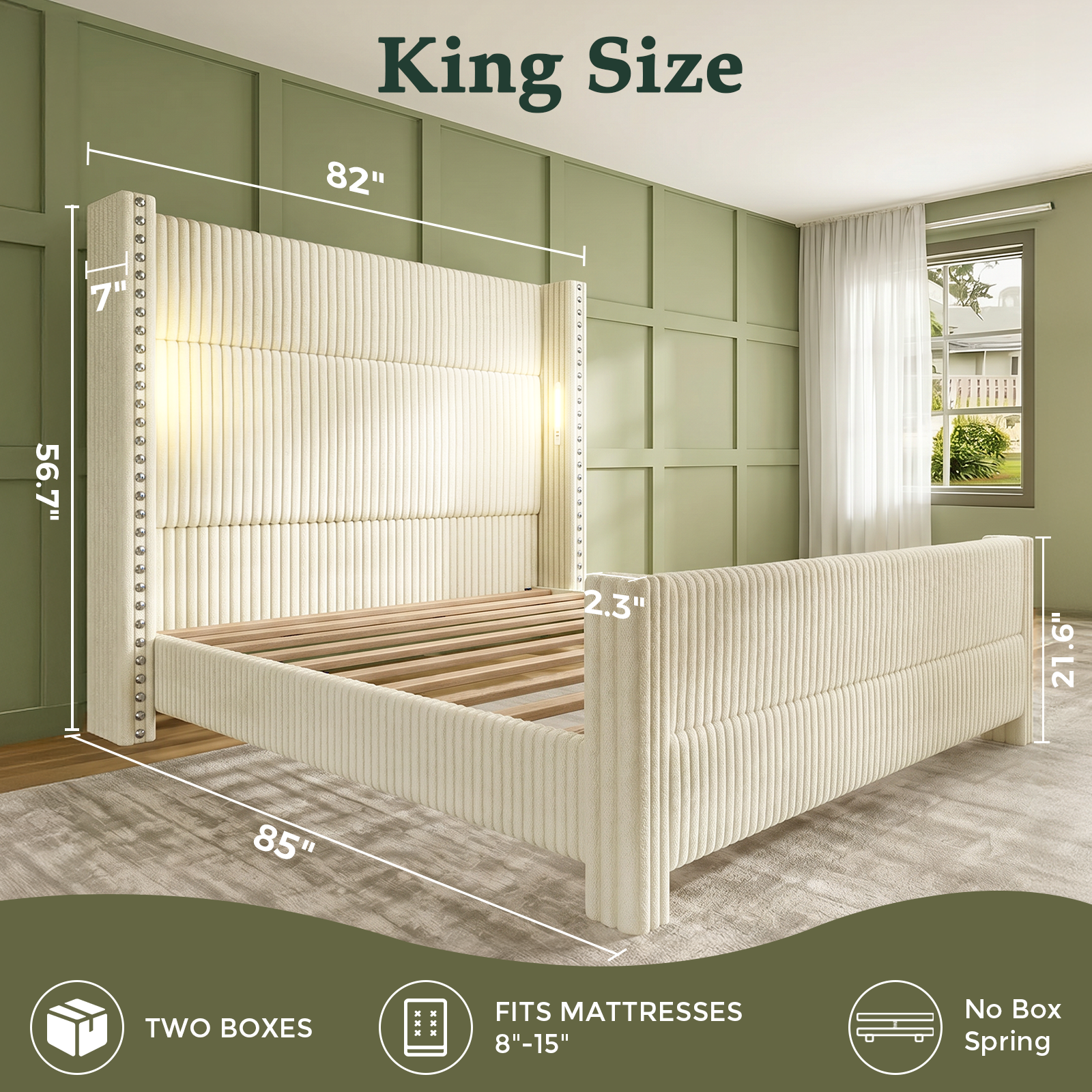 Bed Frame with 56.7" Tall Upholstered Wingback Headboard & Lights