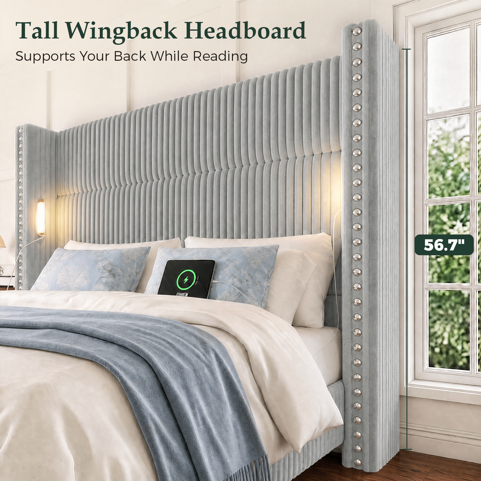 Bed Frame with 56.7" Tall Upholstered Wingback Headboard & Lights