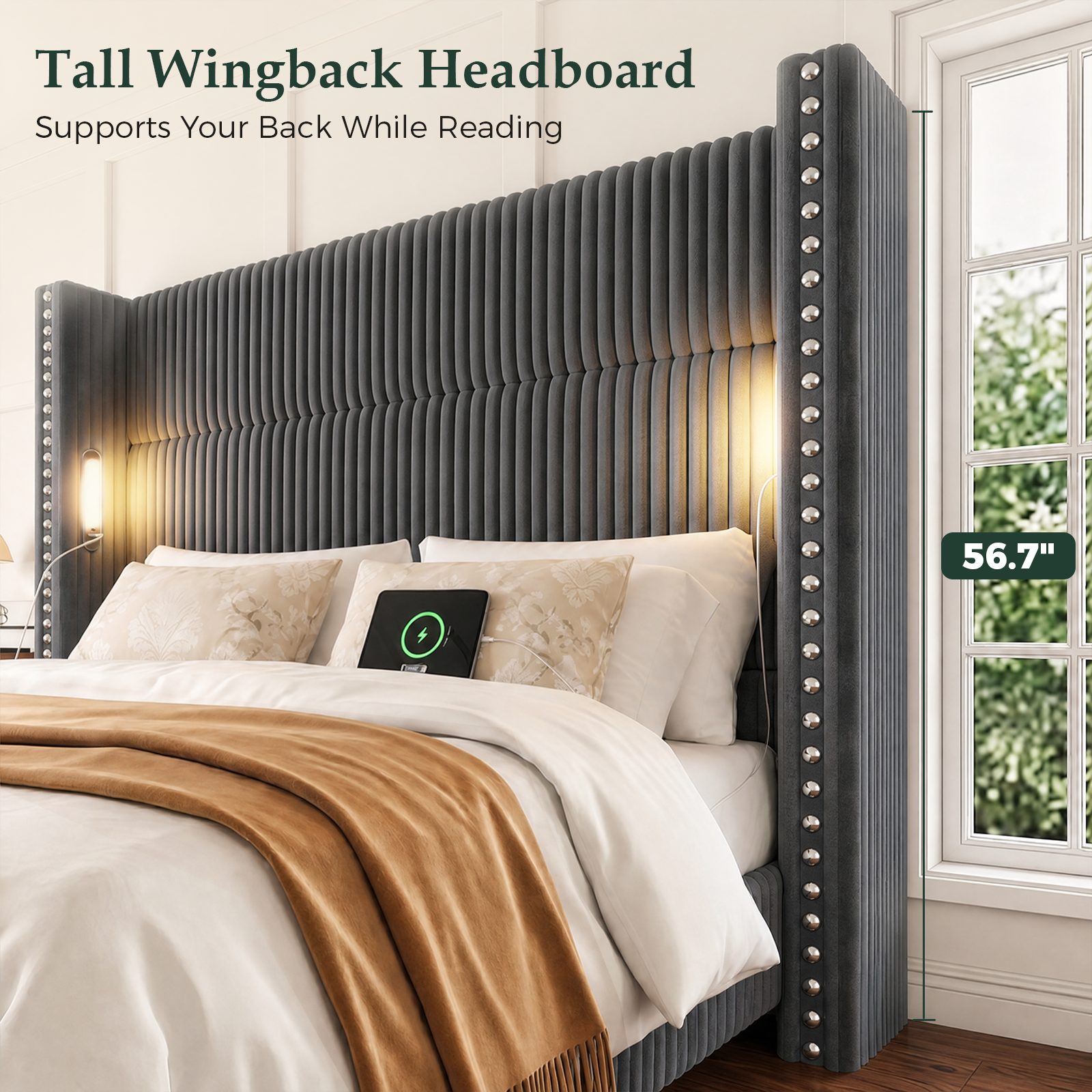 Bed Frame with 56.7" Tall Upholstered Wingback Headboard & Lights