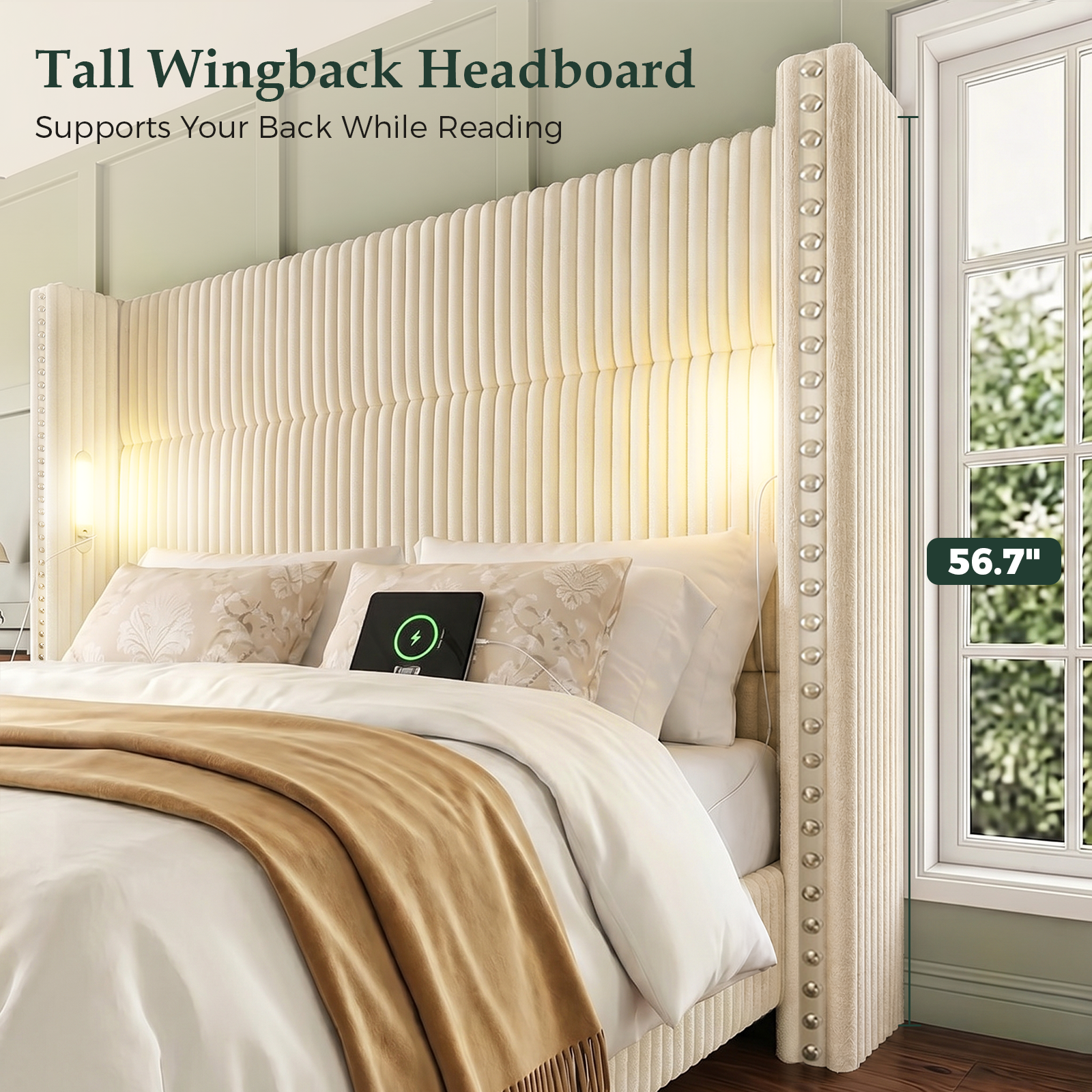 Bed Frame with 56.7" Tall Upholstered Wingback Headboard & Lights