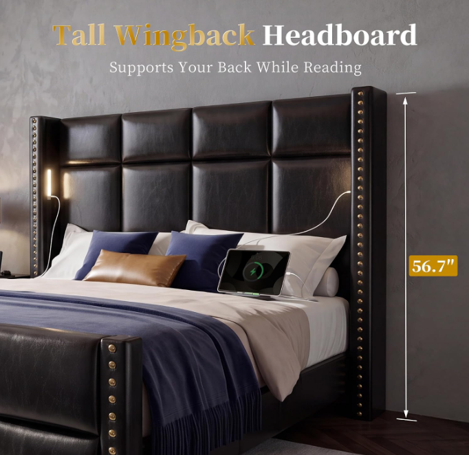 Bed Frame with 56.7" Tall Wingback Headboard & Reading Lights, Upholstered Platform Bed and Charging Station, Modern Luxury Design, Noise Free, Leather Black