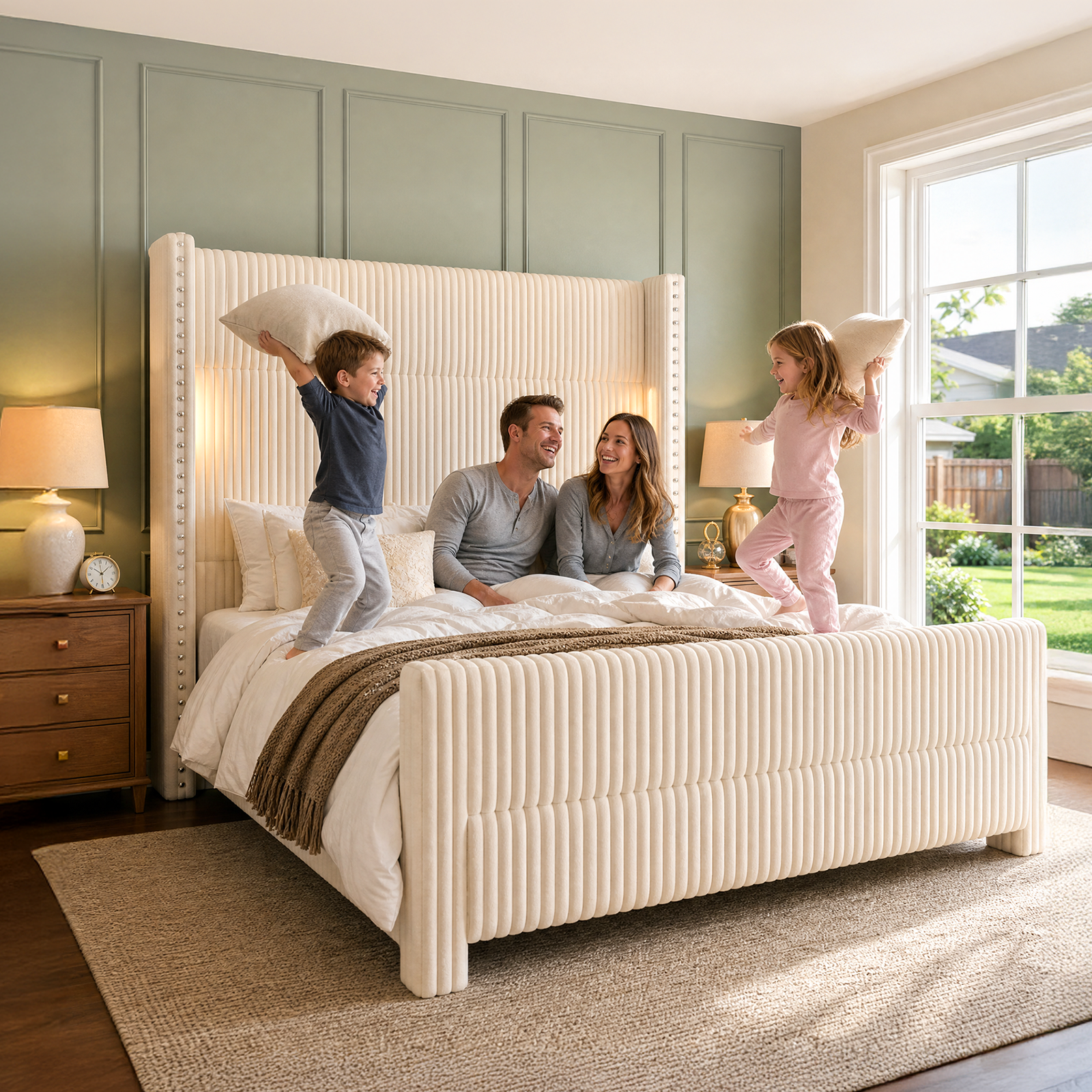 Bed Frame with 56.7" Tall Upholstered Wingback Headboard & Lights