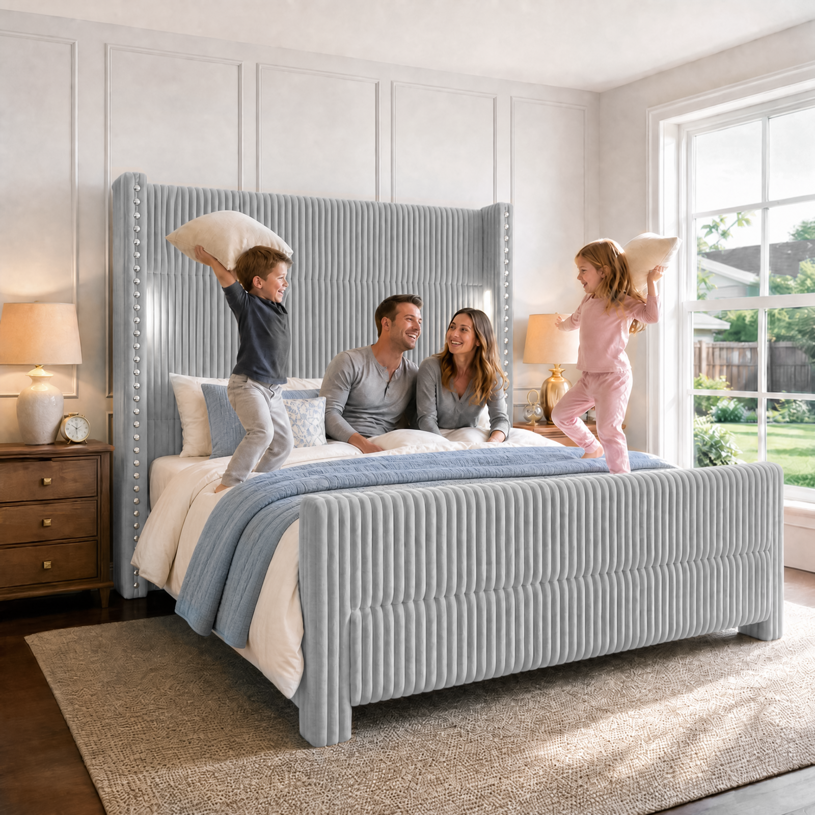 Bed Frame with 56.7" Tall Upholstered Wingback Headboard & Lights