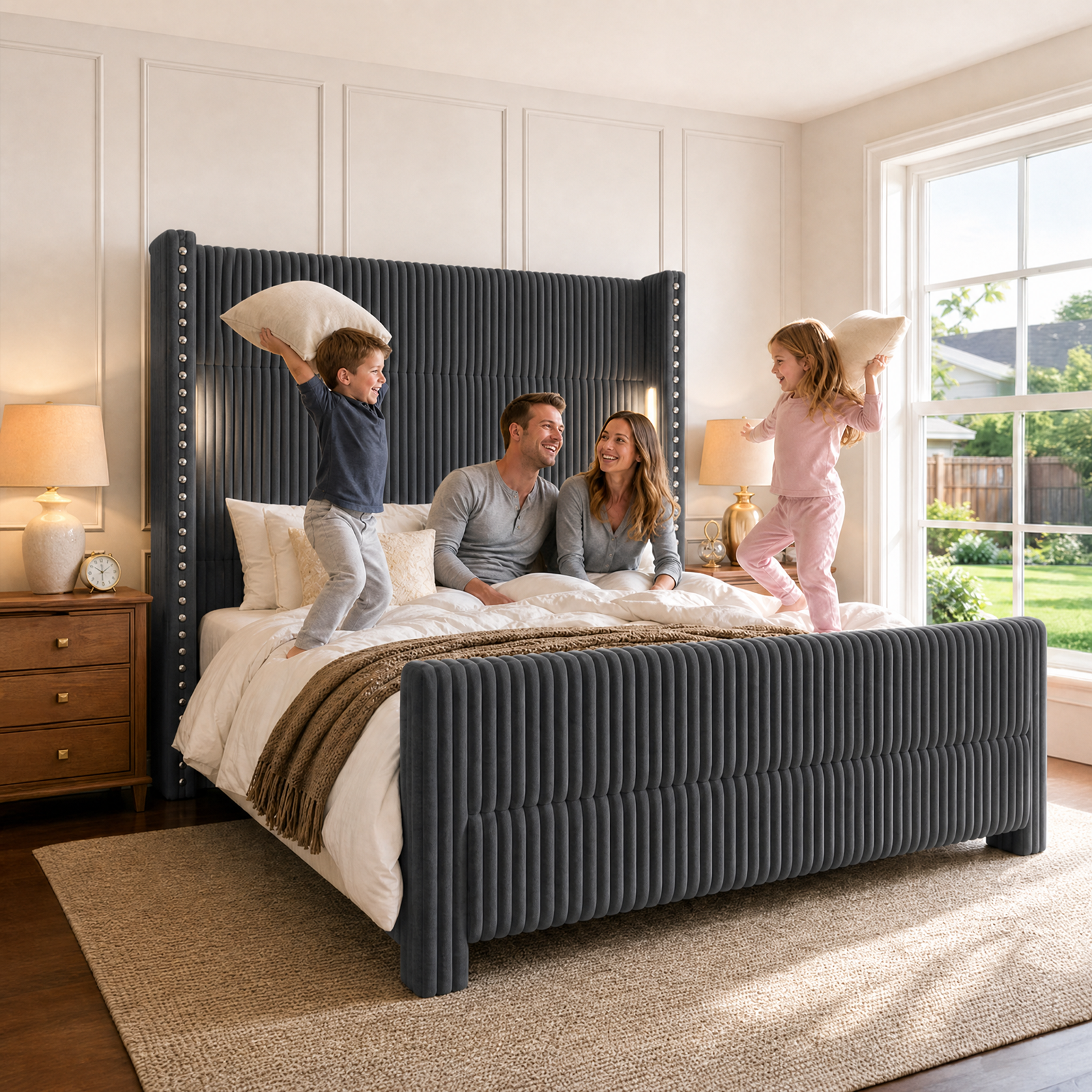 Bed Frame with 56.7" Tall Upholstered Wingback Headboard & Lights