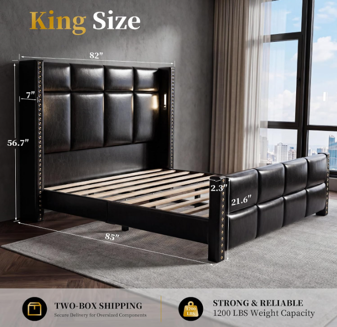Bed Frame with 56.7" Tall Wingback Headboard & Reading Lights, Upholstered Platform Bed and Charging Station, Modern Luxury Design, Noise Free, Leather Black