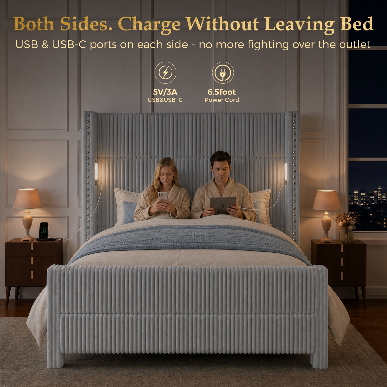Bed Frame with 56.7" Tall Upholstered Wingback Headboard & Lights