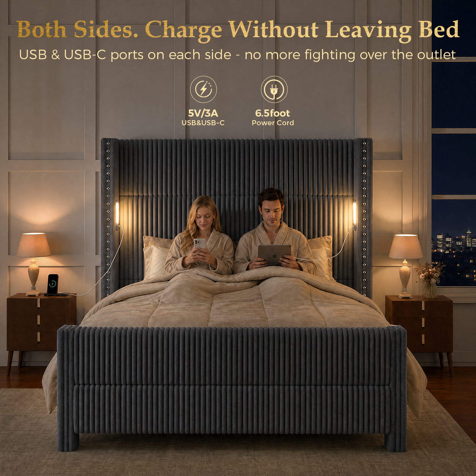 Bed Frame with 56.7" Tall Upholstered Wingback Headboard & Lights