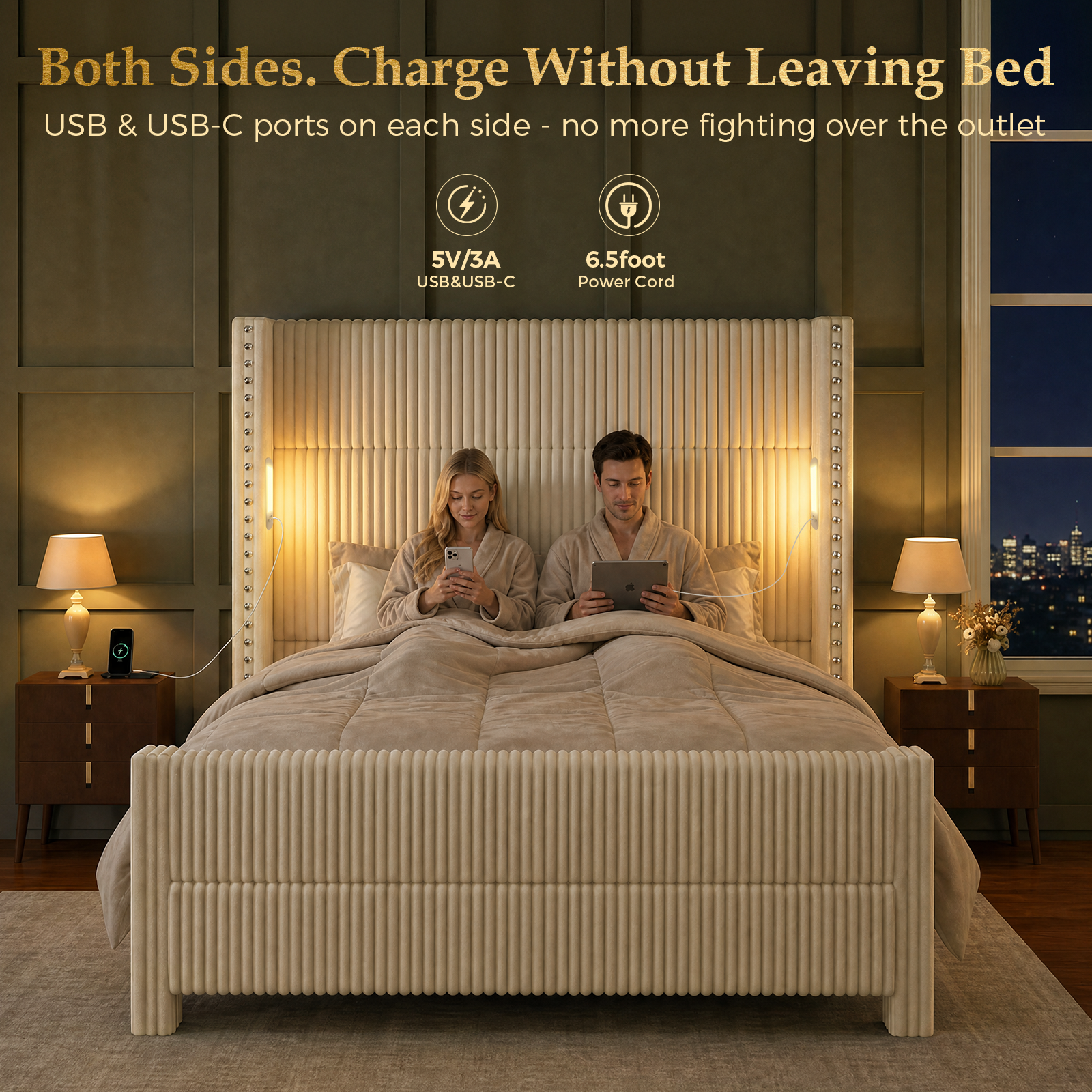Bed Frame with 56.7" Tall Upholstered Wingback Headboard & Lights
