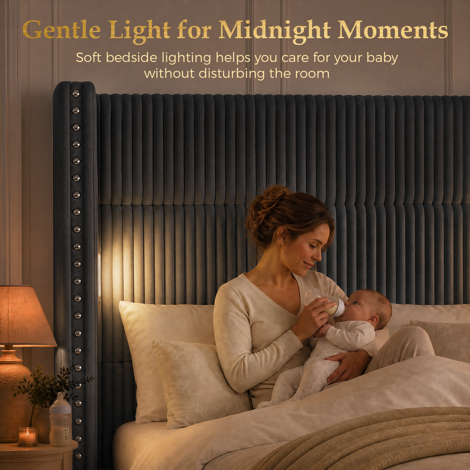Bed Frame with 56.7" Tall Upholstered Wingback Headboard & Lights