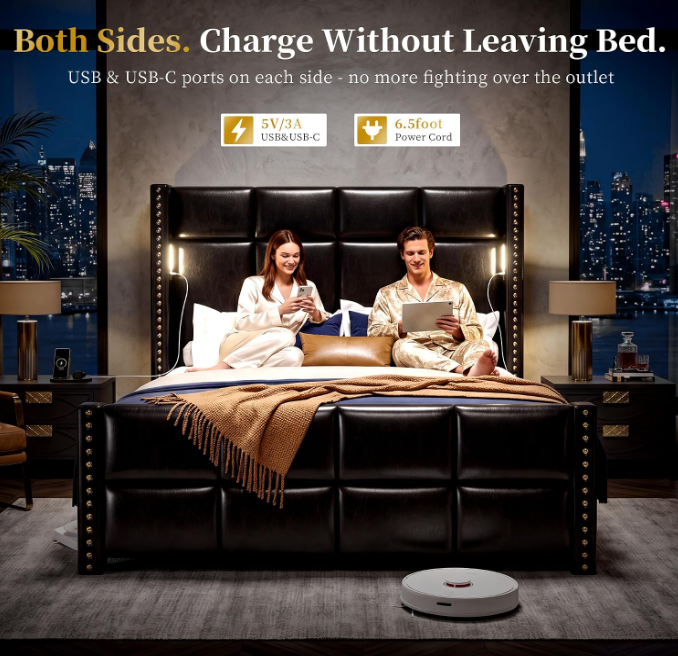 Bed Frame with 56.7" Tall Wingback Headboard & Reading Lights, Upholstered Platform Bed and Charging Station, Modern Luxury Design, Noise Free, Leather Black
