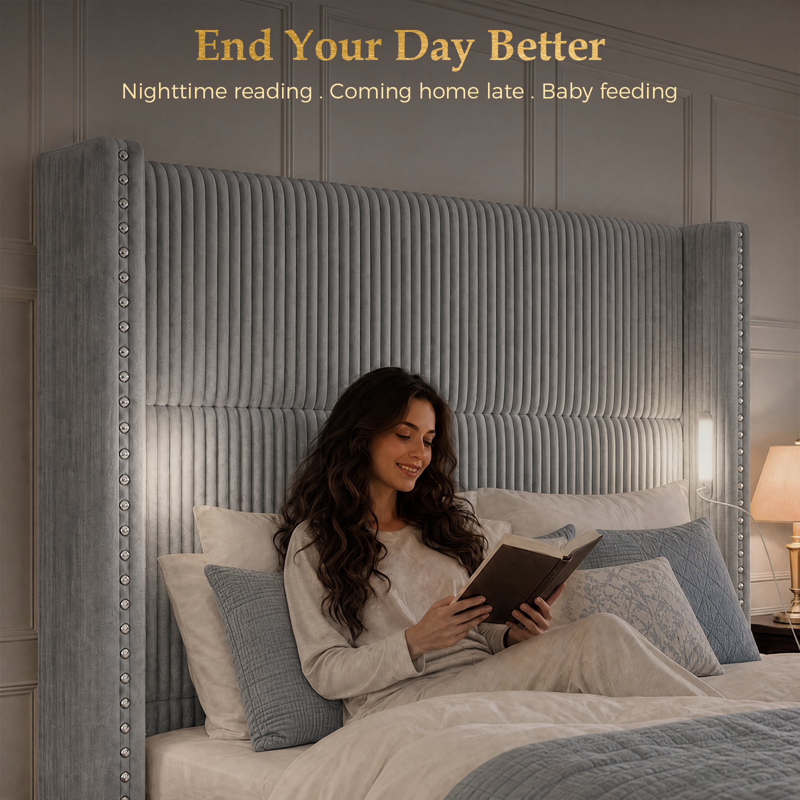 Bed Frame with 56.7" Tall Upholstered Wingback Headboard & Lights