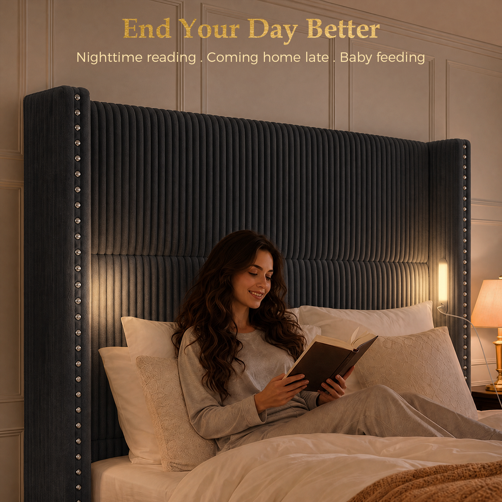 Bed Frame with 56.7" Tall Upholstered Wingback Headboard & Lights