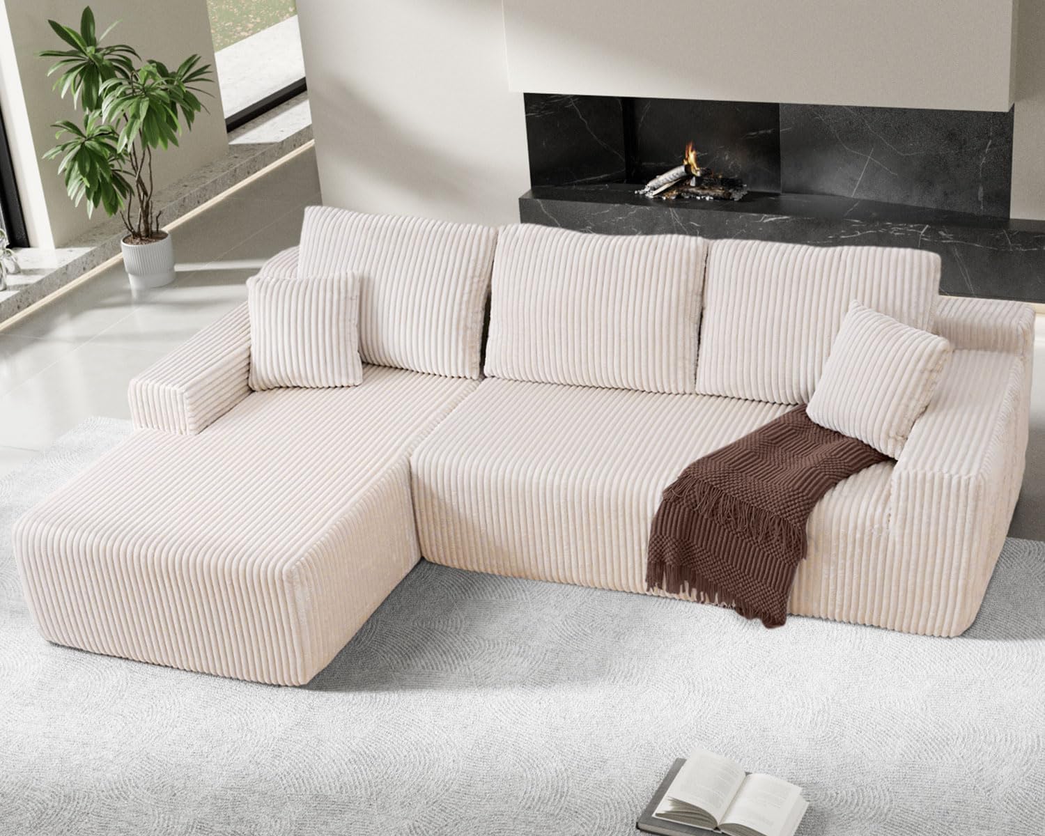 Cloud-style sofa corduroy upholstery beige, left chaise lounge