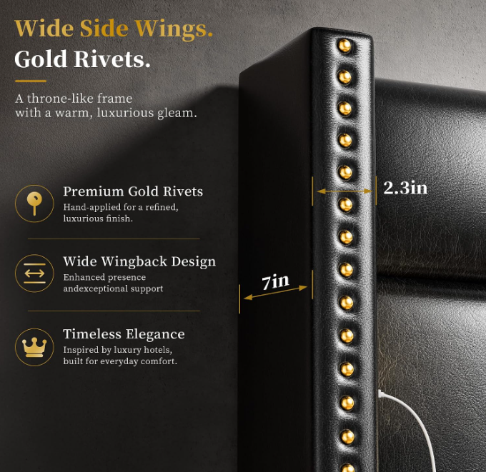 Bed Frame with 56.7" Tall Wingback Headboard & Reading Lights, Upholstered Platform Bed and Charging Station, Modern Luxury Design, Noise Free, Leather Black