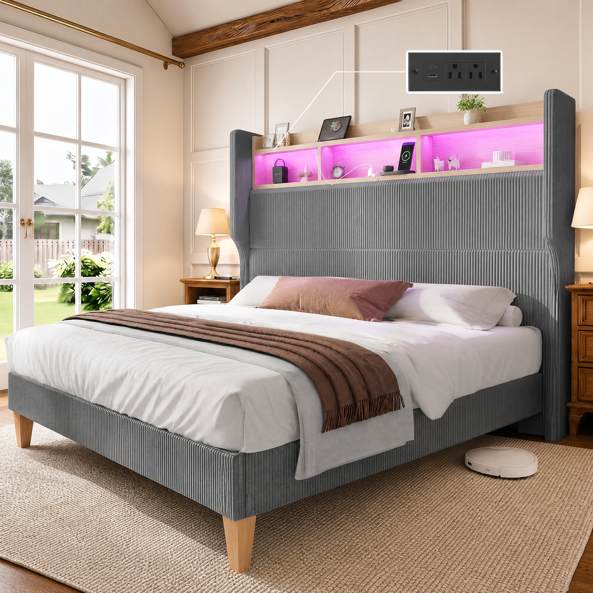 HOMRELEXA Full Size Girls Bed Frame with 51" Tall Headboard, LED Lights & Charging Station, Corduroy Upholstered Platform Bed with Storage Shelf, No Box Spring Needed,