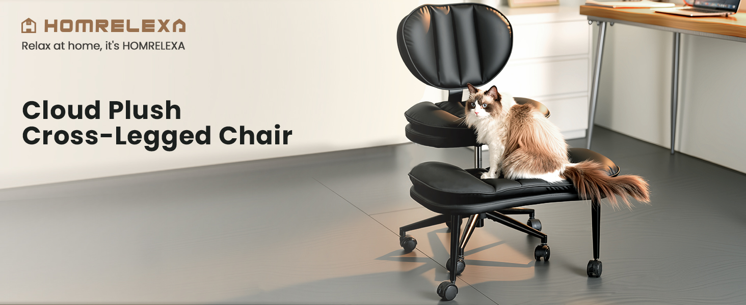 Cross Legged Office Chair, Ergonomic Cloud Criss Cross Desk Chair, Meditation Chair with Wheels, Height Adjustable Seat for ADHD, Wide Kneeling Chair with Back Support, Black