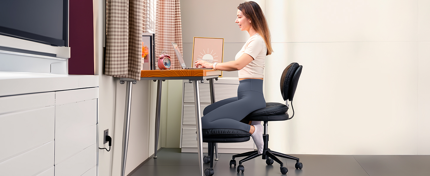 Cross Legged Office Chair, Ergonomic Cloud Criss Cross Desk Chair, Meditation Chair with Wheels, Height Adjustable Seat for ADHD, Wide Kneeling Chair with Back Support, Black
