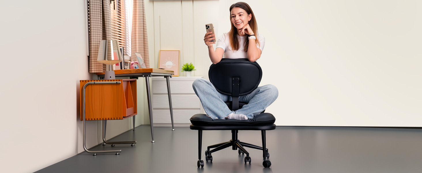 Cross Legged Office Chair, Ergonomic Cloud Criss Cross Desk Chair, Meditation Chair with Wheels, Height Adjustable Seat for ADHD, Wide Kneeling Chair with Back Support, Black