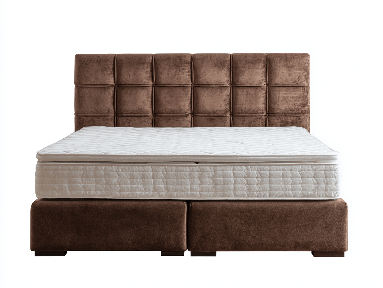 Boxspring bed – bruin fluweel – modern gecapitonneerd hoofdbord – met matras en topmatras