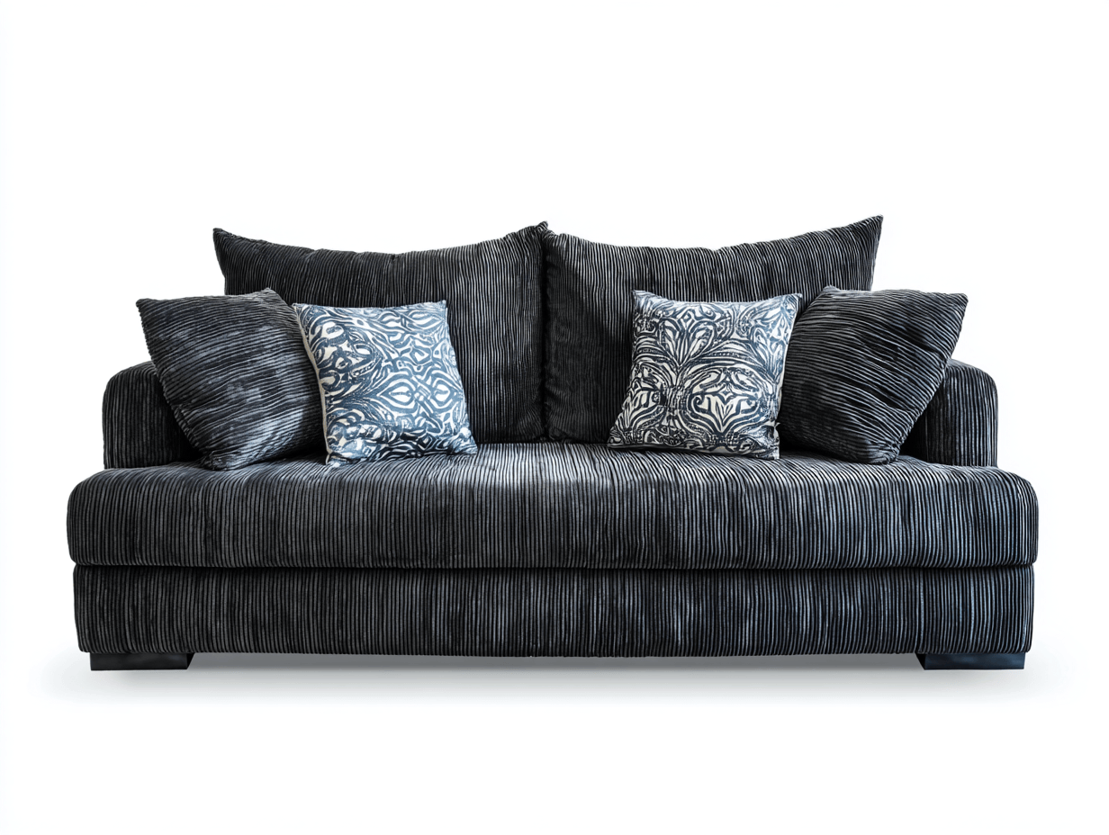 3-zitsbank – zwart ribfluweel – met 2 rugkussens en 4 sierkussens