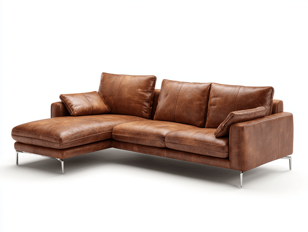 Bank hoekbank – echt leer – bruin – met 3 rugkussens en 2 sierkussens – modern design