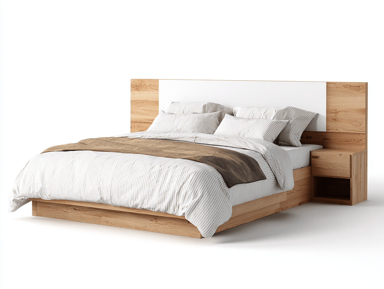 Tweepersoonsbed – eikenhout en wit hoofdbord – met geïntegreerde nachtkastjes matras en vier kussens