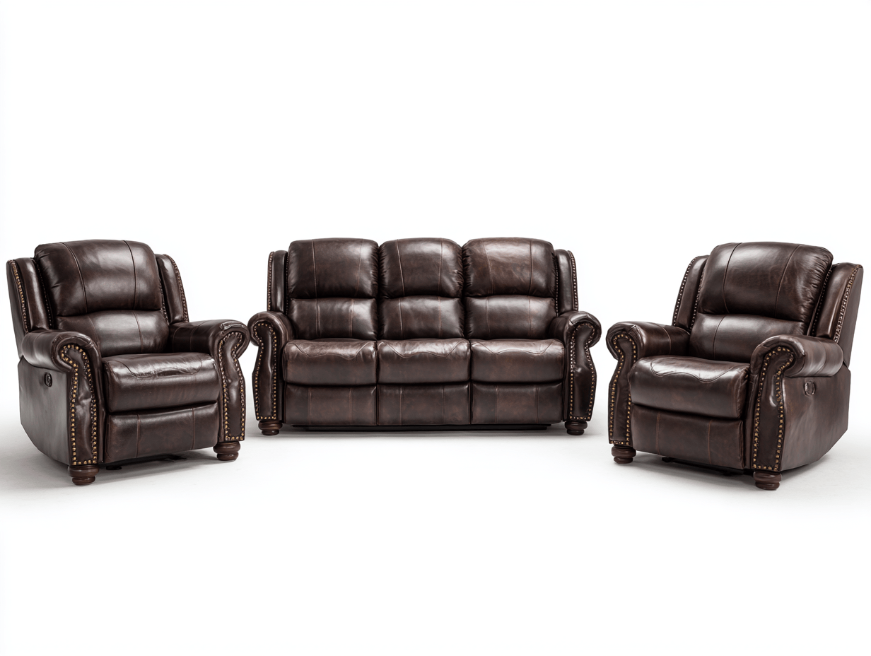 Driezitsbank en twee fauteuils set - donkerbruin kunstleer - relaxfunctie - klassieke stijl