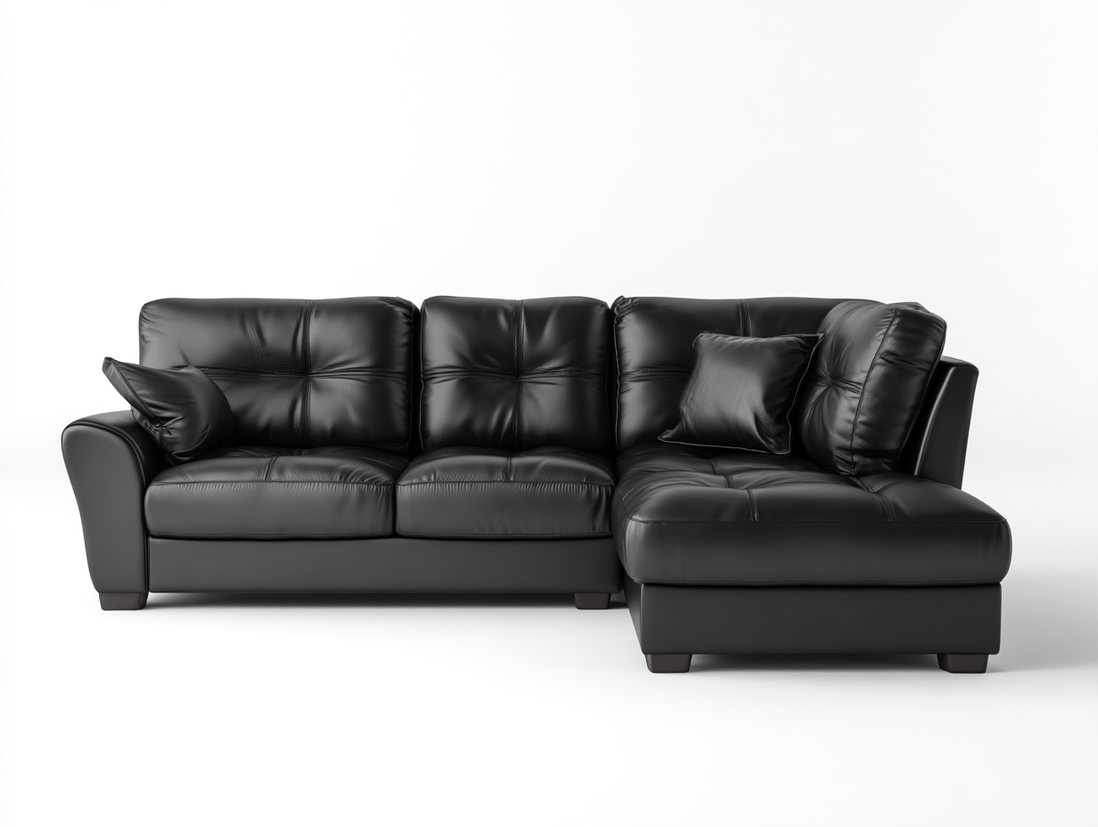 L-vorm hoekbank – kunstleer – zwart – met 4 rugkussens en 2 sierkussens