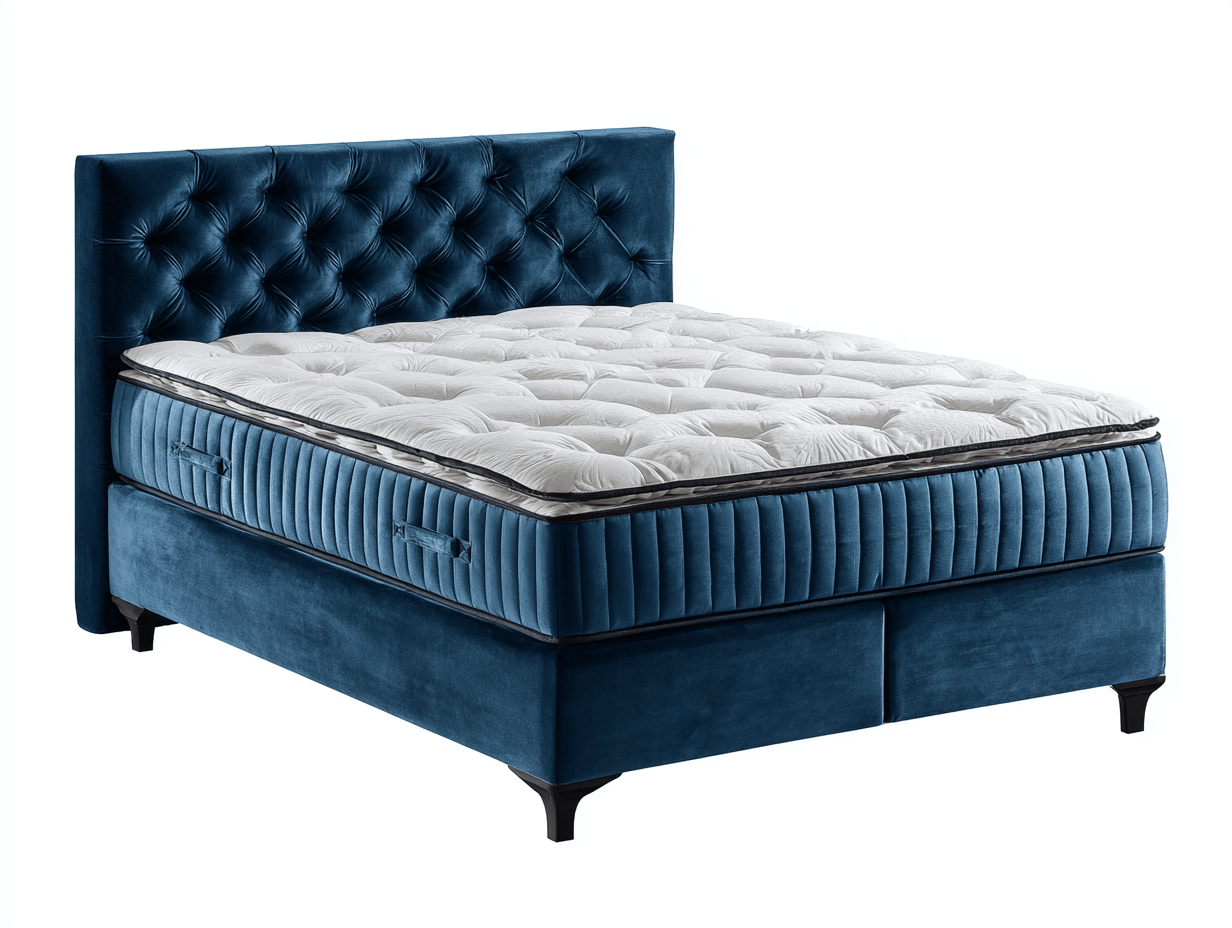 Tweepersoonsbed – blauw fluweel – met matras en topmatras
