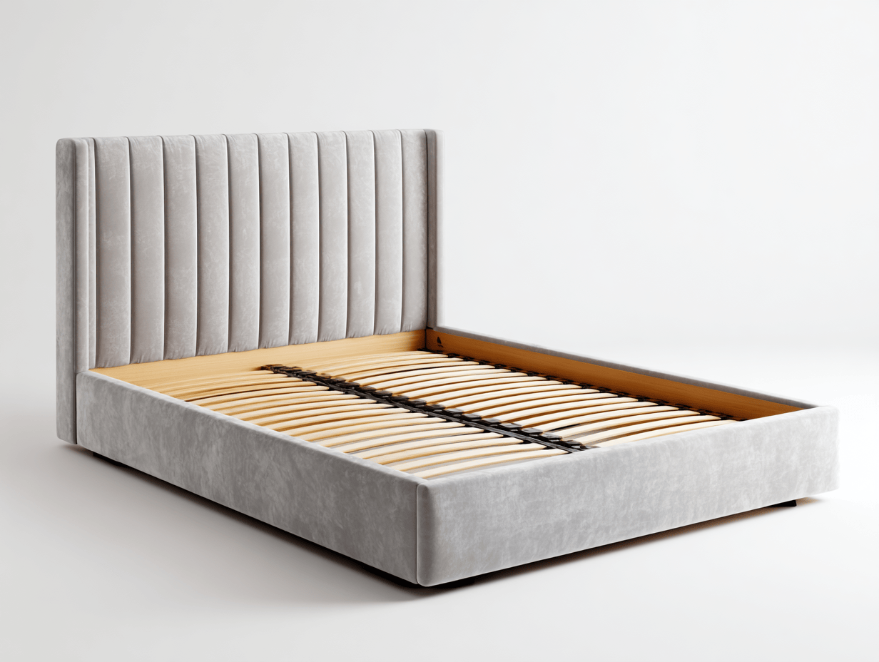 Tweepersoonsbed – lichtgrijs fluweel – gestoffeerd – hoog gecapitonneerd hoofdbord