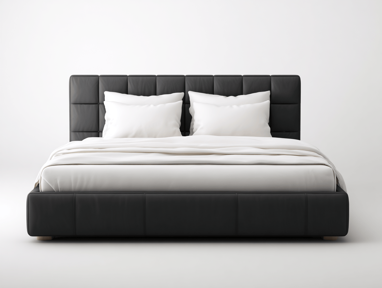 Tweepersoonsbed – zwart kunstleer – met matras en vier sierkussens