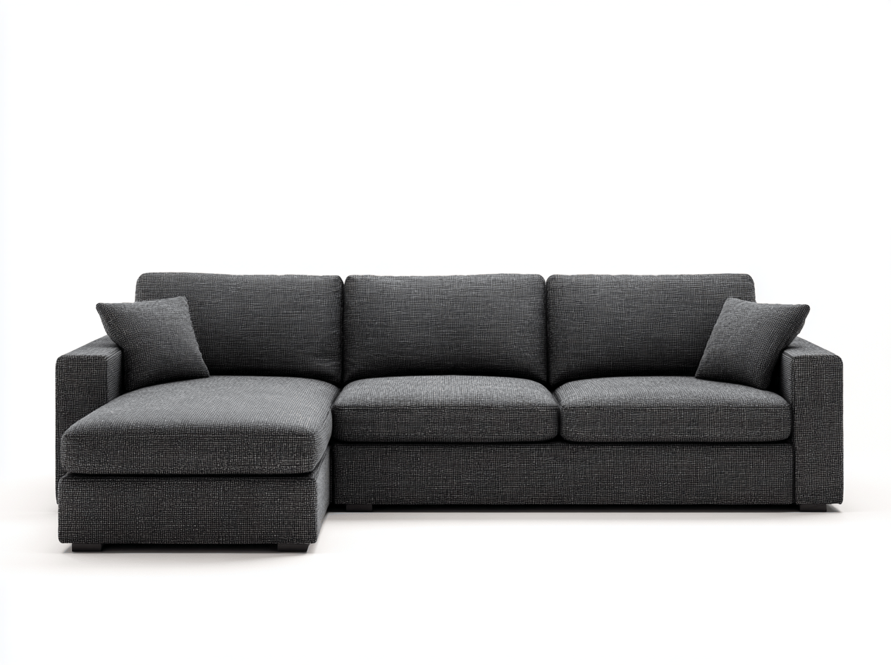 Hoekbank – stof donkergrijs – met chaise longue en kussens