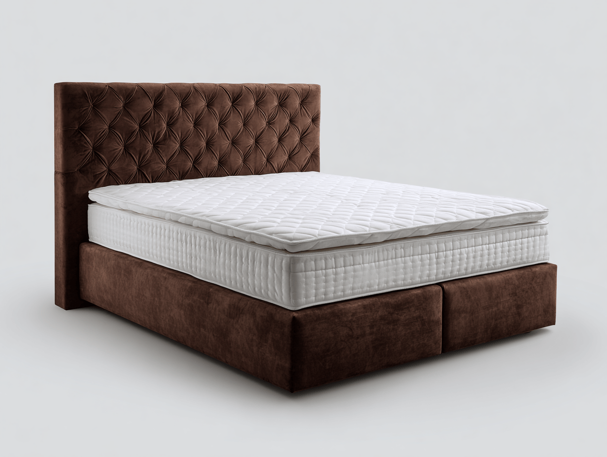 Tweepersoons boxspringbed – fluweel bruin – met hoog hoofdbord en topper