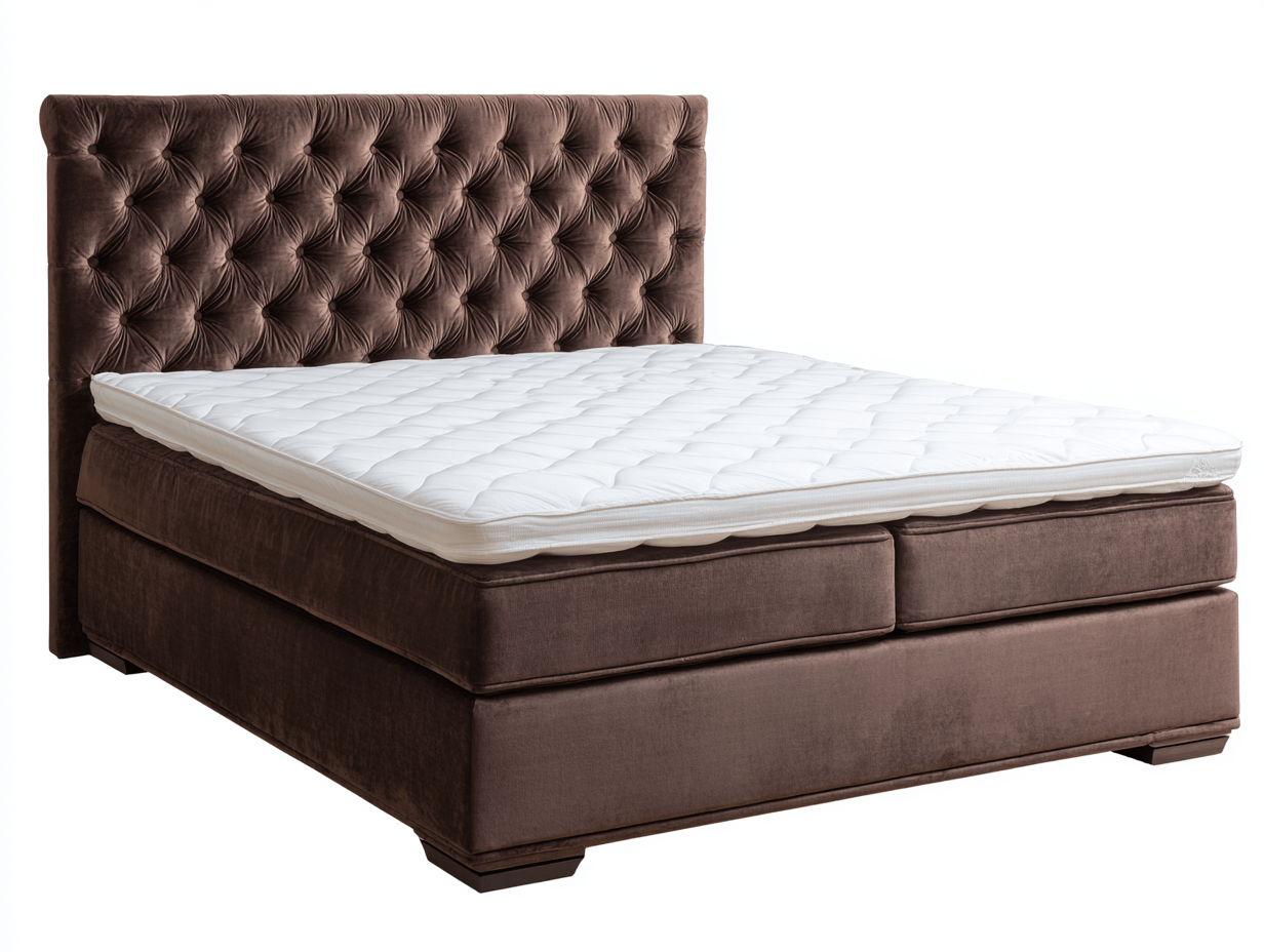 Boxspring bed – bruin fluweel – gecapitonneerd hoofdbord – met matras en topmatras