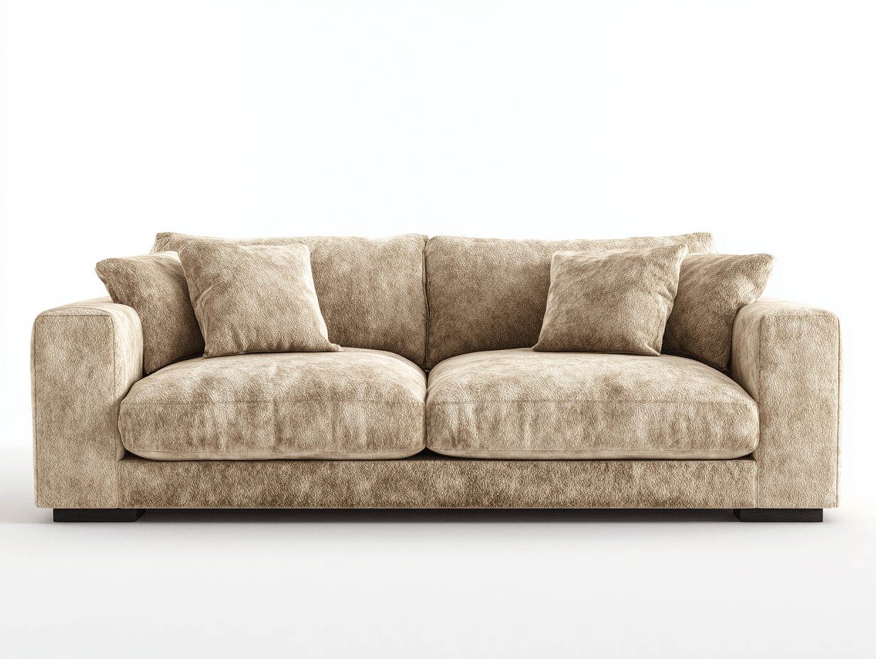 3-zitsbank – lichtbeige stof – met 2 rugkussens en 4 sierkussens