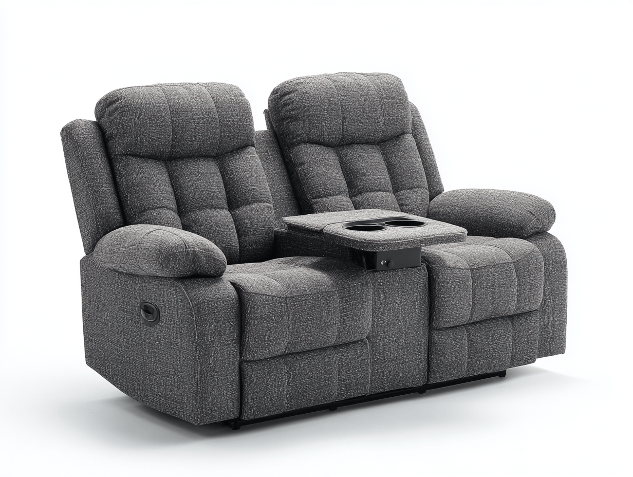 2-zits relaxbank – donkergrijze stof – met middenconsole en bekerhouders